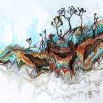 Gallery 1 - Juniper Harrower, Disrupted symbiosis: Joshua tree entanglements, ink, acrylic, Joshua tree seed oil, string, wood from salvaged Jack rabbit homestead. 19”x15”; 2022.