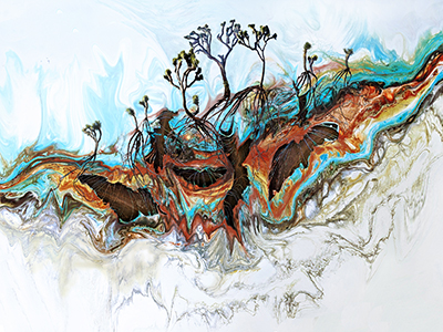 Gallery 1 - Juniper Harrower, Disrupted symbiosis: Joshua tree entanglements, ink, acrylic, Joshua tree seed oil, string, wood from salvaged Jack rabbit homestead. 19”x15”; 2022.
